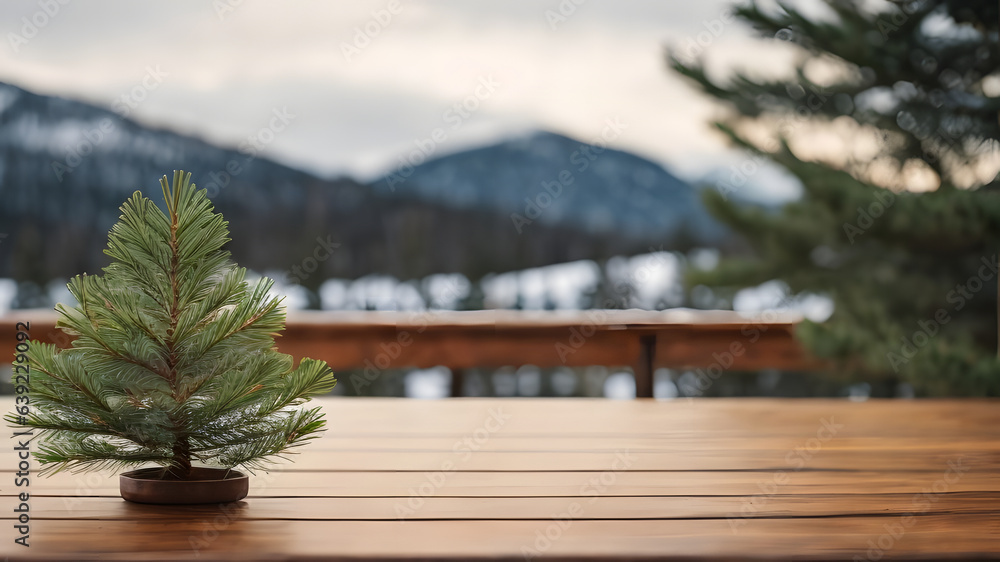 Obraz premium wooden tabletop with fir tree background scene for product promotion