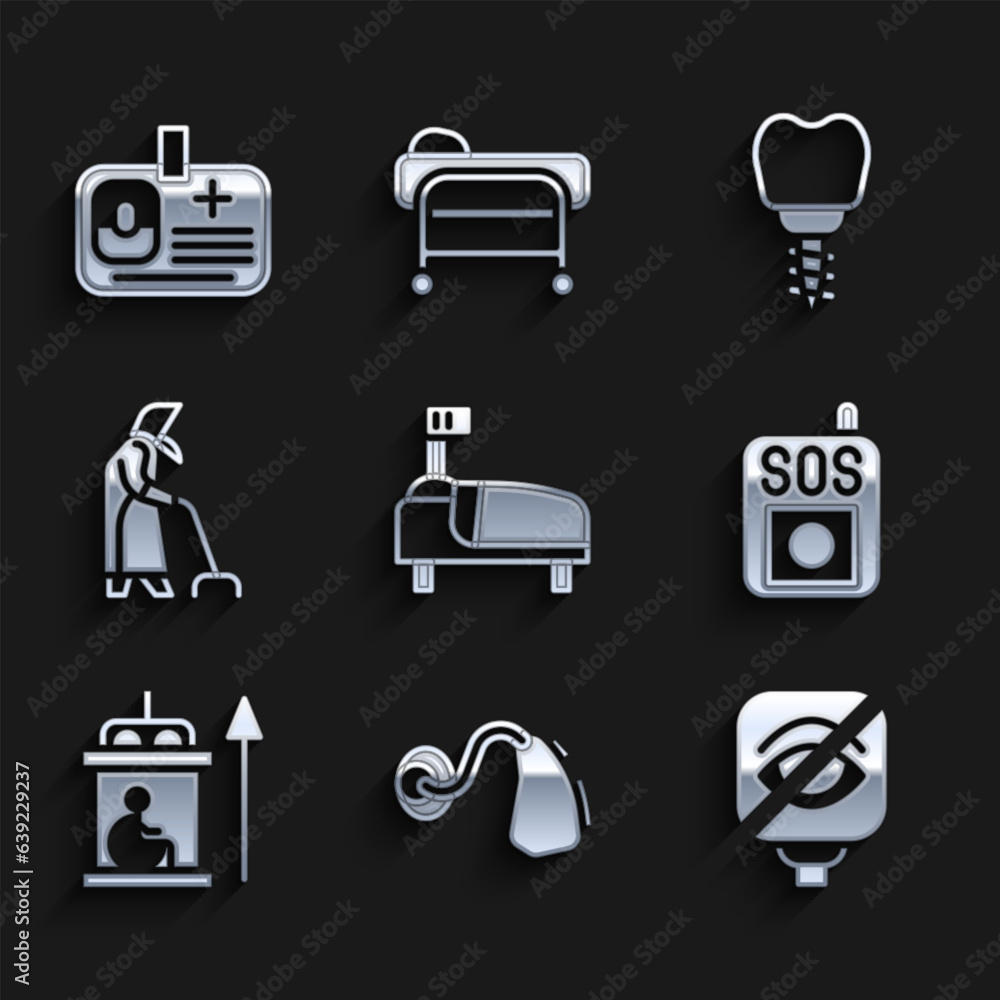 Set Hospital bed, Hearing aid, Blindness, Press the SOS button, Elevator for disabled, Grandmother, Dental implant and Identification badge icon. Vector Set Hospital bed, Hearing aid, Blindness, Press the SOS button, Elevator for disabled, Grandmother, Dental implant and Identification badge icon. Vector
