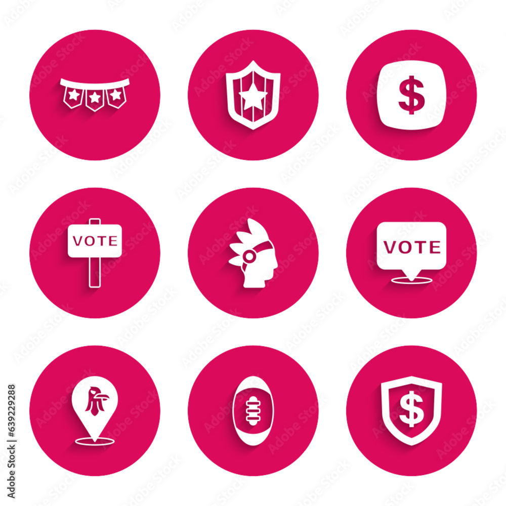 Set Native American Indian, Football ball, Shield with dollar, Vote, Eagle, Dollar symbol and Carnival garland flags icon. Vector Set Native American Indian, Football ball, Shield with dollar, Vote, Eagle, Dollar symbol and Carnival garland flags icon. Vector