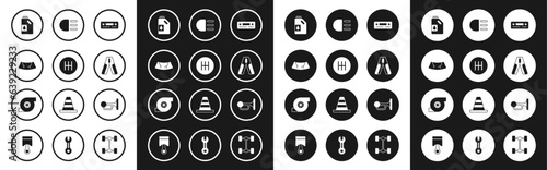 Set Car Audio, Gear shifter, Broken windshield, Canister for motor oil, battery jumper power cable, High beam, Signal horn on vehicle and Automotive turbocharger icon. Vector