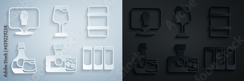 Set Whiskey bottle and glass, Metal beer keg, Shot, Wine and Alcohol or bar location icon. Vector