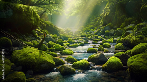 a flowing stream with moss and rocks under the sun