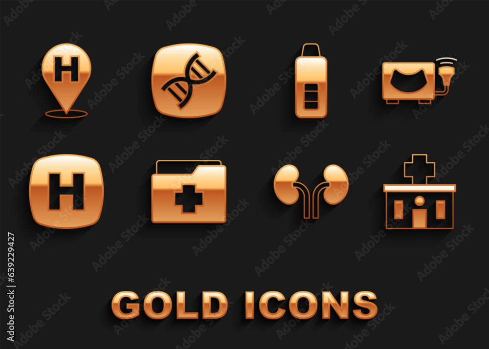 Set Patient record, Ultrasound, Hospital building, Human kidneys, signboard, Digital thermometer, Location hospital and DNA symbol icon. Vector Set Patient record, Ultrasound, Hospital building, Human kidneys, signboard, Digital thermometer, Location hospital and DNA symbol icon. Vector
