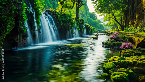 waterfalls are surrounded by flowers and green vegetation