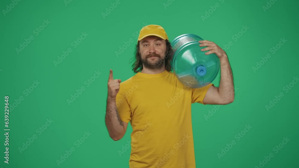 Delivery man in yellow uniform holding big bottle of water on his shoulder and pointing at the empty area. Space for advertisement. Delivery man in yellow uniform holding big bottle of water on his shoulder and pointing at the empty area. Space for advertisement.