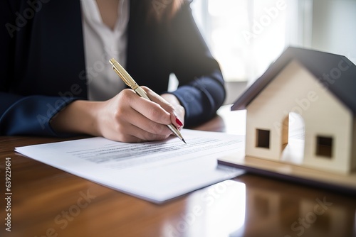 Photo real estate agent is signing a contract to sell a house.