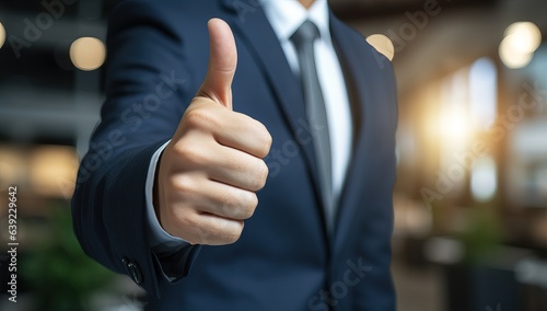 Businessman hand showing thumbs up sign in office. Success concept.