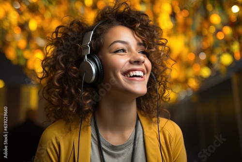 Portrait of a beautiful young woman listening to music with headphones.