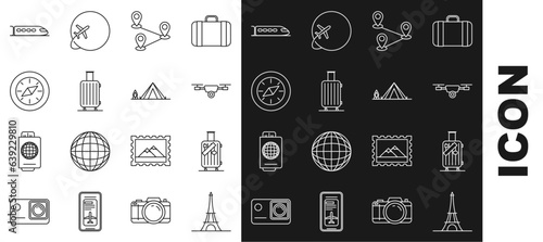 Set line Eiffel tower, Suitcase for travel and stickers, Drone flying with action video camera, Route location, Compass, Train and Tourist tent wood fire icon. Vector