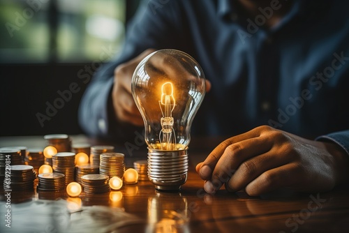 Man hand holding light bulb and coin stack on wooden table. Business and finance concept.
