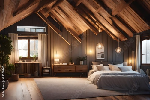 a cozy attic bedroom with sloped ceilings, neutral colors, and soft lighting