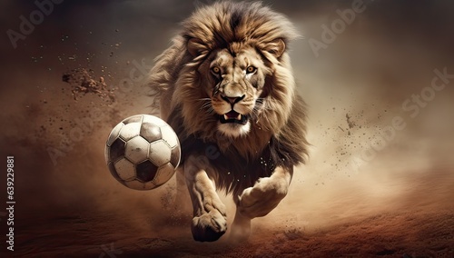 Big male lion with soccer ball flying in the air