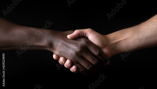 Close up of black man and woman shaking hands, on black background