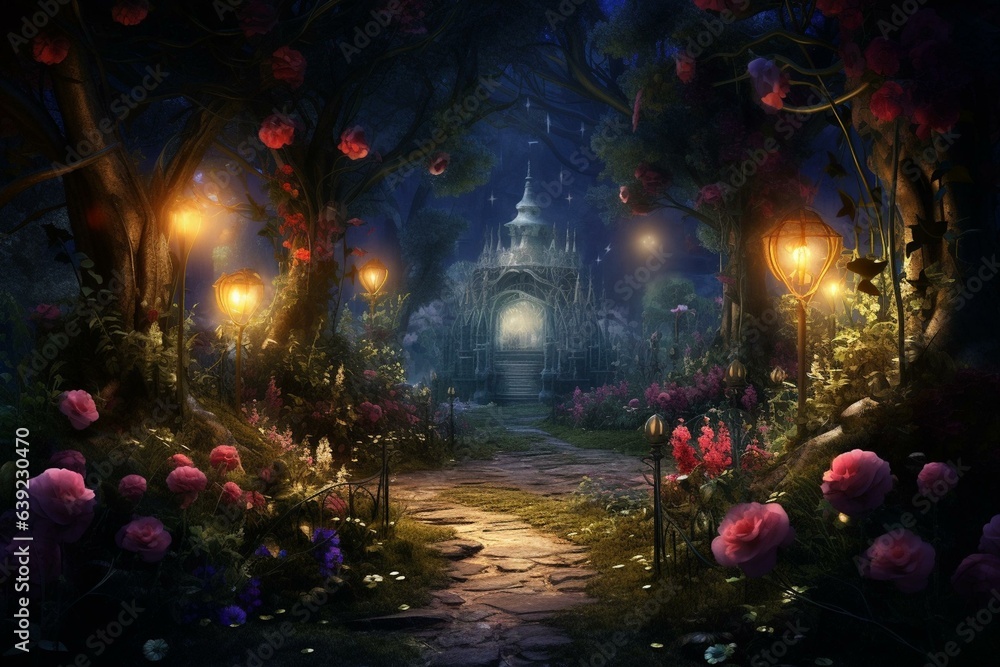 Enchanting woodland with blooming roses, magical garden at night. Generative AI