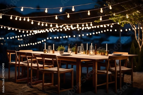 Scandinavian-style outdoor dining area with a wooden table and string lights