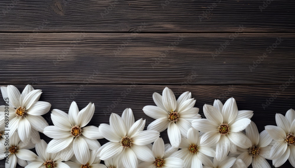 White flowers on wooden background. Top view. Space for text.
