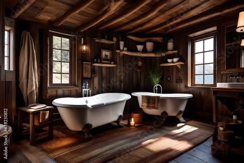 a cozy cabin bathroom with wood accents  a clawfoot tub  and rustic decor