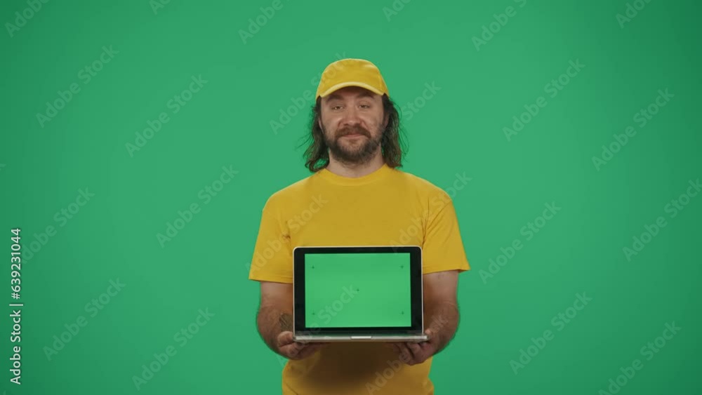 Delivery man in yellow uniform holding a laptop in hands looking at the camera. Advertising area, workspace mockup. Delivery man in yellow uniform holding a laptop in hands looking at the camera. Advertising area, workspace mockup.