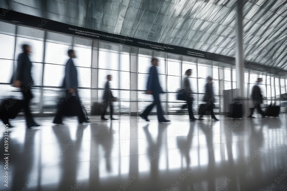 people walking in airport in motion blur