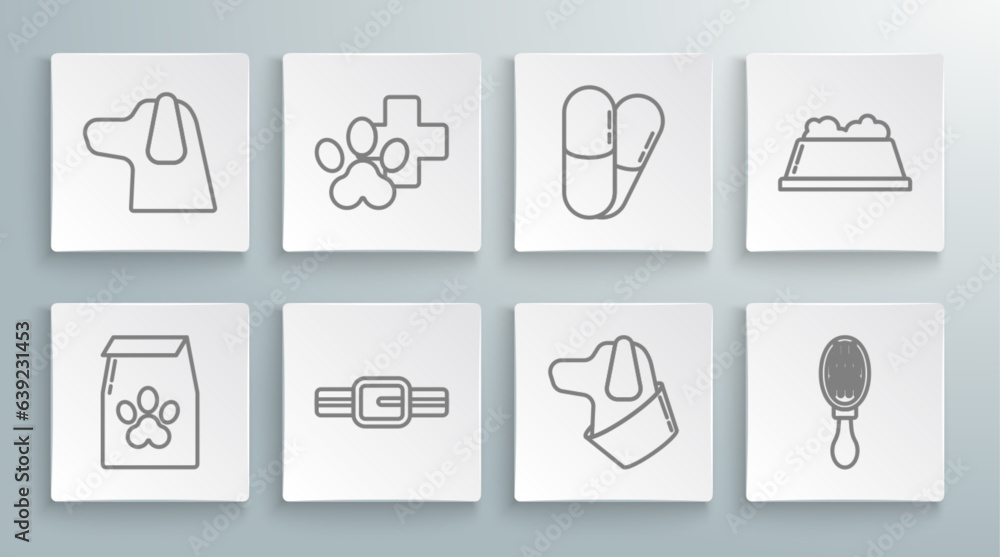 Set line Bag of food for pet, Veterinary clinic symbol, Collar with name tag, Dog, Hair brush dog and cat, pills, Pet bowl and icon. Vector Set line Bag of food for pet, Veterinary clinic symbol, Collar with name tag, Dog, Hair brush dog and cat, pills, Pet bowl and icon. Vector
