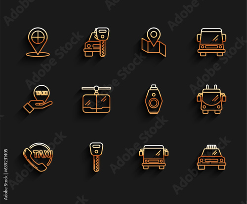 Set line Taxi call telephone service, Car key, Map pointer with taxi, Bus, car, Cable, Trolleybus and remote icon. Vector