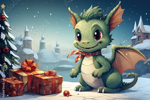Fantasy cute dragon with christmas hat, новогодняя открытка, New Year 2024. Generative AI © Irina