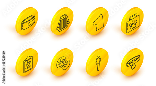 Set line Collar with name tag, Pets vial medical, Dog and pills, Clipboard clinical record pet, first aid kit, Cat, carry case and Canned food icon. Vector