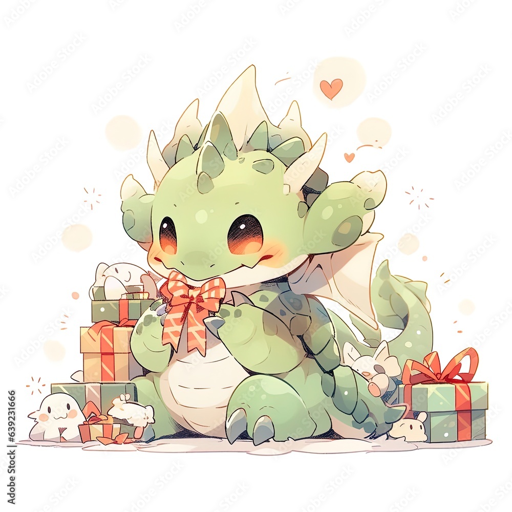 Obraz premium Fantasy cute dragon with christmas hat, новогодняя открытка, New Year 2024. Generative AI