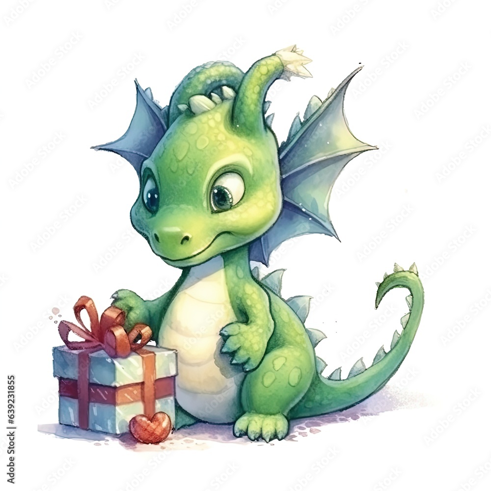 Fototapeta premium Fantasy cute dragon with christmas hat, новогодняя открытка, New Year 2024. Generative AI