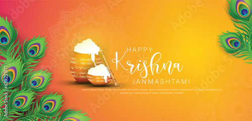 Happy Janmashtami festival banner template design with dahi handi and peacock feather.
