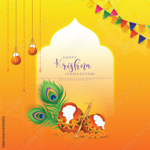 Happy Janmashtami festival poster template design with dahi handi and peacock feather.