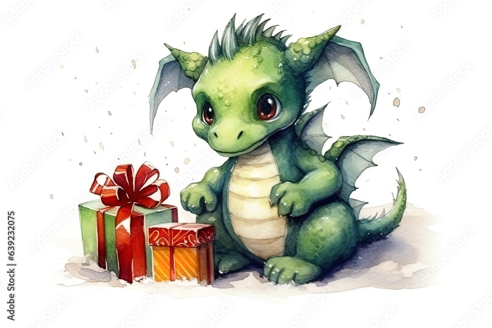 Fantasy cute dragon with christmas hat, new year's card, New Year 2024. Generative AI Fantasy cute dragon with christmas hat, new year's card, New Year 2024. Generative AI