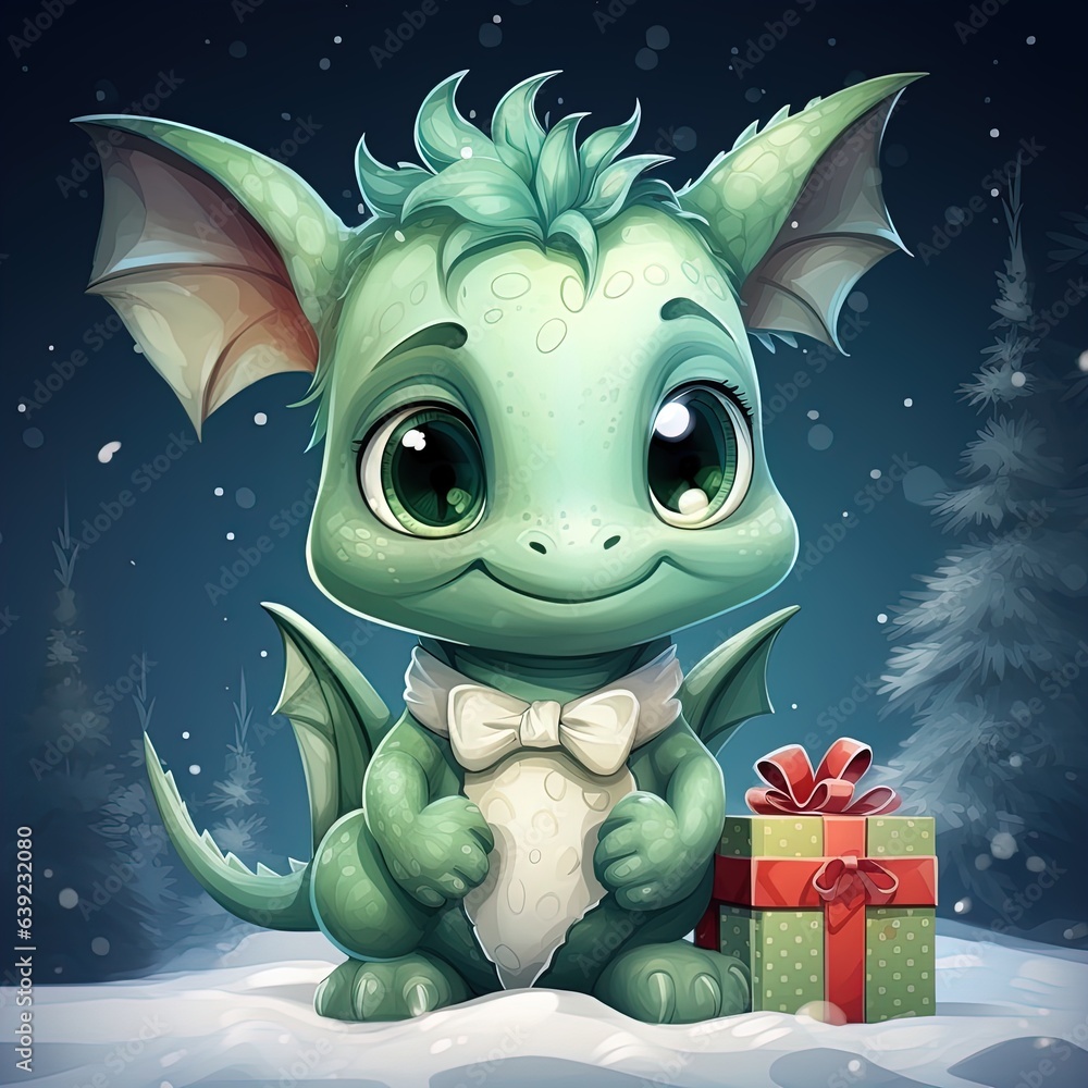 Obraz premium Fantasy cute dragon with christmas hat, новогодняя открытка, New Year 2024. Generative AI