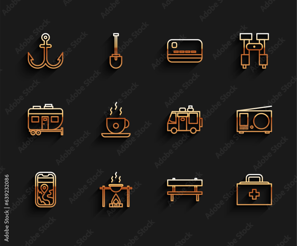 Set line City map navigation, Campfire and pot, Anchor, Bench, First aid kit, Coffee cup, Radio with antenna and Rv Camping trailer icon. Vector Set line City map navigation, Campfire and pot, Anchor, Bench, First aid kit, Coffee cup, Radio with antenna and Rv Camping trailer icon. Vector