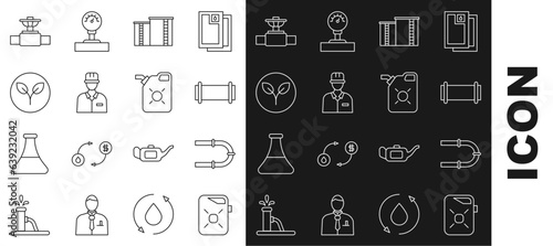 Set line Canister for motor oil, Industry pipe, Oil industrial factory building, Oilman, Bio fuel, and valve and icon. Vector