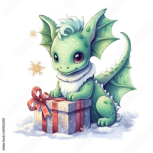 Fantasy cute dragon with christmas hat  new year s card  New Year 2024. Generative AI