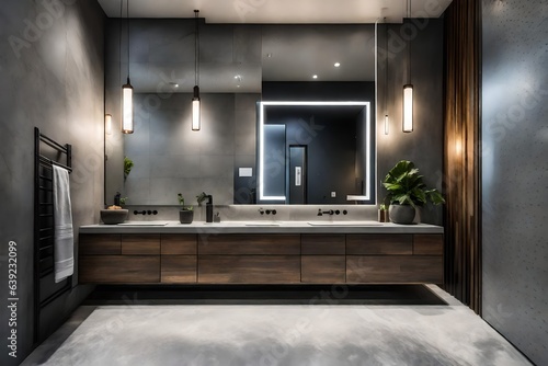 a bathroom with a concrete feature wall and modern fixtures