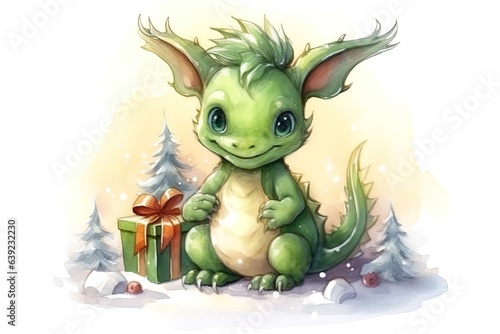 Fantasy cute dragon with christmas hat                                         New Year 2024. Generative AI