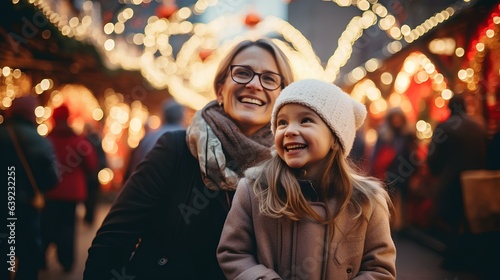 Mother and daughter walking through the Christmas market.