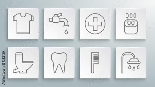 Set line Toilet bowl, Water tap, Tooth, Hairbrush, Shower head, Cross hospital medical, Cotton swab for ears and T-shirt icon. Vector