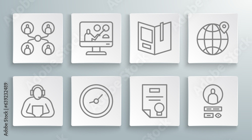 Set line Student, Online education, Clock, Certificate template, Create account screen, Open book, Location the globe and class icon. Vector