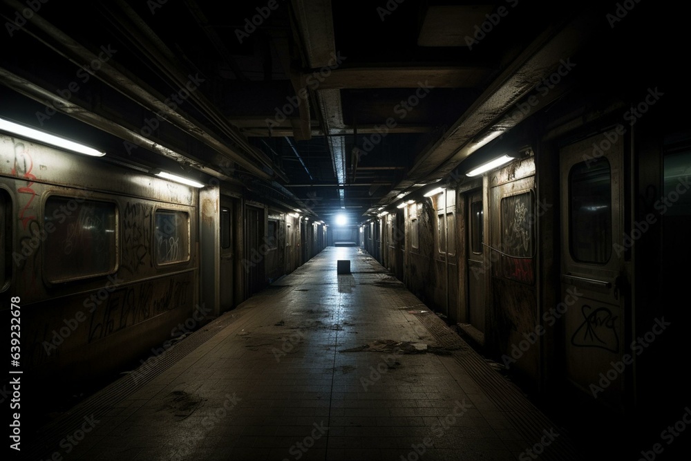 Dark desolate subway, dystopian underworld. Generative AI