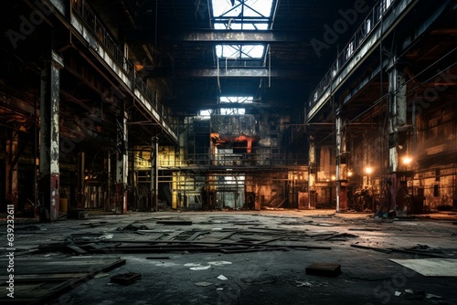 Exploring an abandoned logistics warehouse, featuring industrial architecture and atmospheric lighting. Generative AI