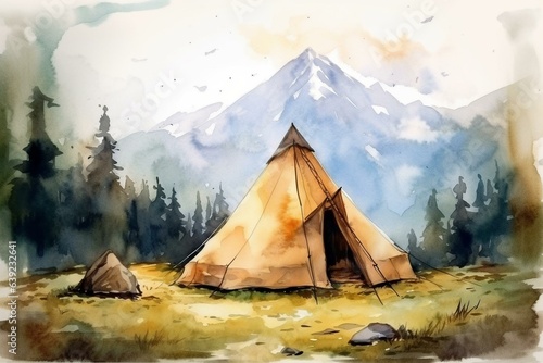 Mountain tent in the scenic watercolor style. Generative AI
