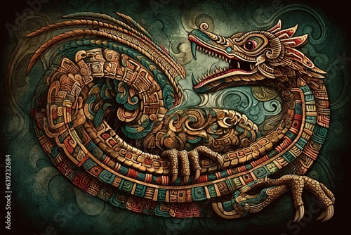 Illustration of Quetzalcoatl, a Mesoamerican god represented as a feathered serpent. Generative AI