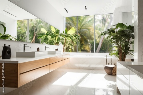 Contemporary  luxurious white bathroom featuring a tropical garden view. Sunlight floods in  illuminating the wooden sink counter on marble floors. Generative AI
