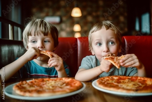 Children eat pizza in a cafe. children eat unhealthy food.
