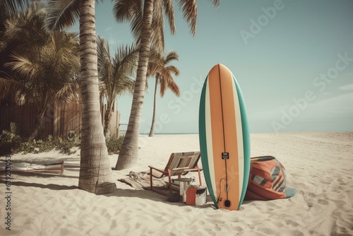 A scenic beach getaway featuring a palm tree, beach chair, surfboard, floatie, beach ball, suitcase, and vintage camera. Generative AI © Pascale