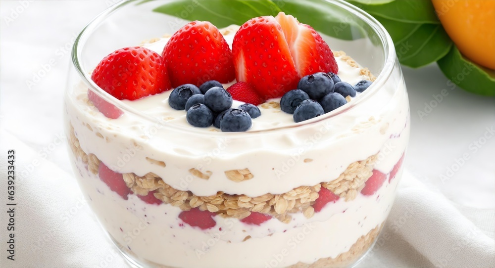 A delicious looking parfait of yoghurt with fruits and oats in a glass on a decorated breakfast table. Generative AI. A delicious looking parfait of yoghurt with fruits and oats in a glass on a decorated breakfast table. Generative AI.