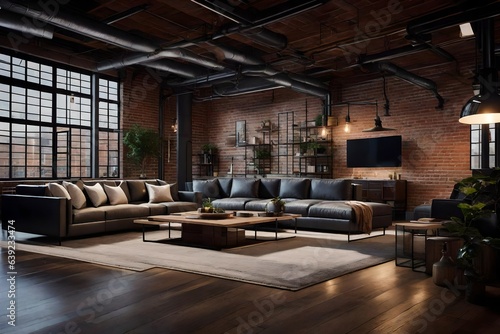 an urban loft living area featuring  brick walls  industrial lighting  and contemporary furniture